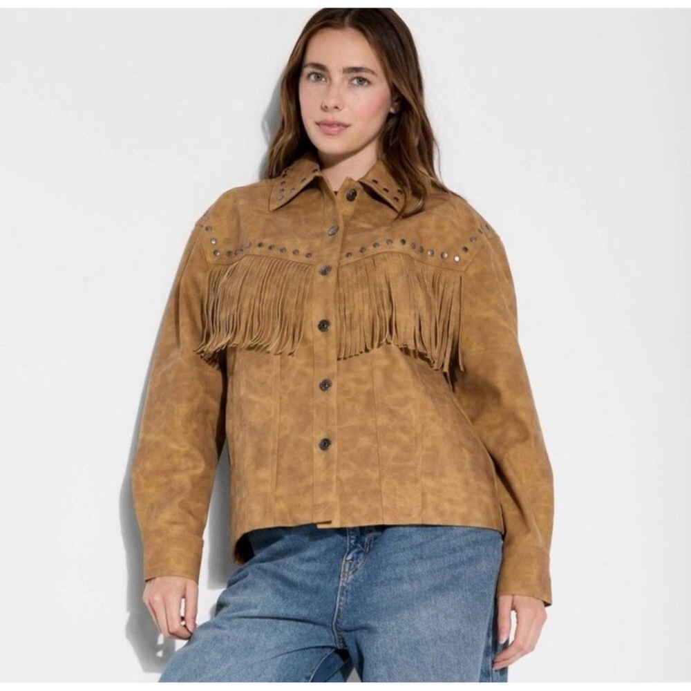 Wild Fable Women’s Faux Suede Fringe Studded Western Boho Jacket Brown M NWT
